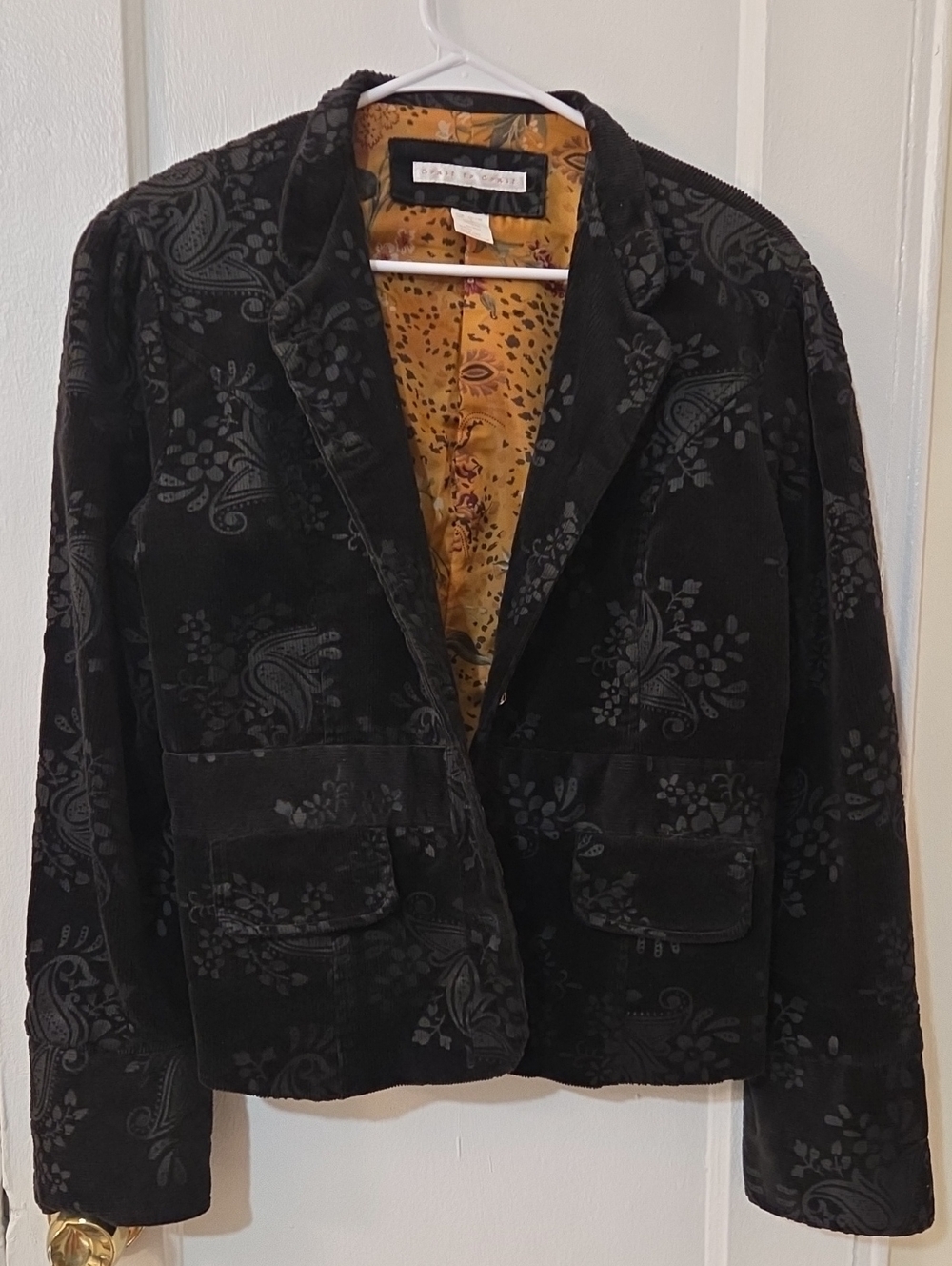 Vintage Corduroy Velvet Floral-Print Black Jacket Patterned Lining Large
